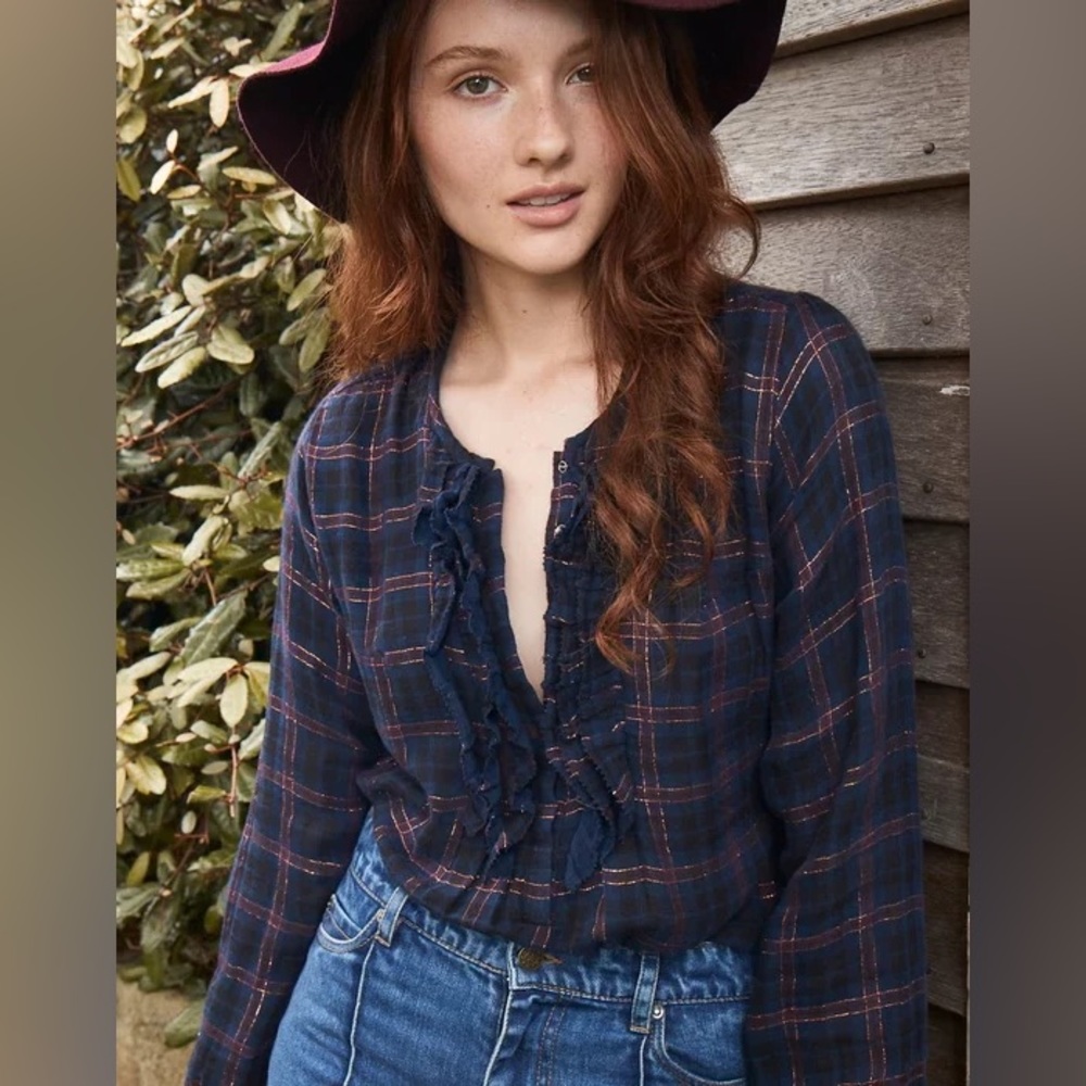Marie Louise De Monterey 14 10 Plaid Lurex Gauze‎ Ruffle Frill Blouse Top $180